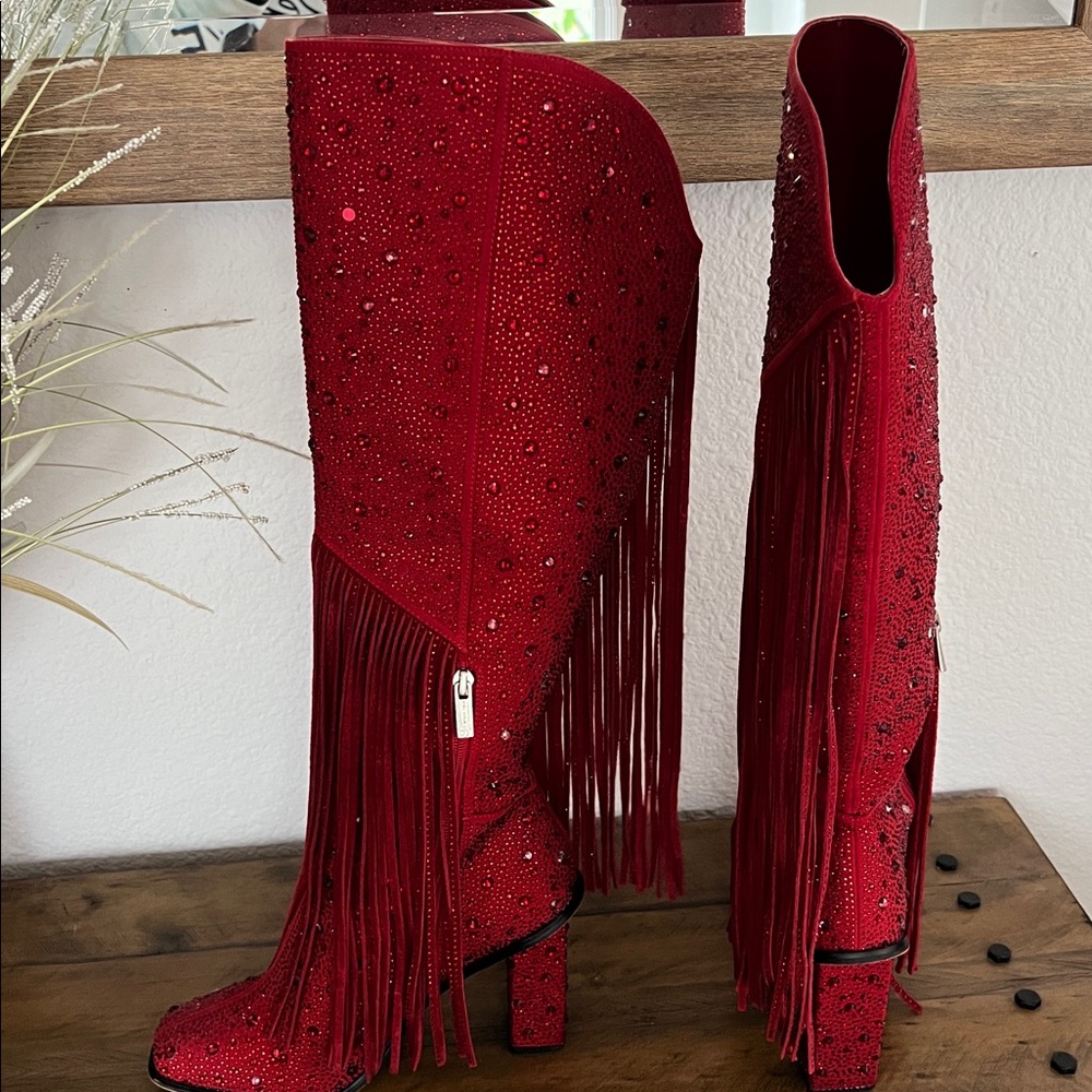 Jessica Simpson -Red Fringe Knee-High Boots With Rhinestones